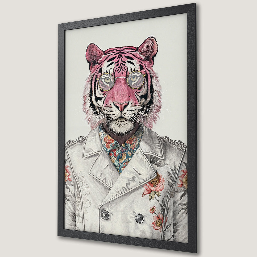 Framed Poster featuring a stylish tiger wearing glasses and a floral coat, in a vintage illustration style with a pink and neutral color palette.