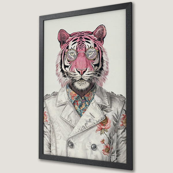 Framed Poster featuring a stylish tiger wearing glasses and a floral coat, in a vintage illustration style with a pink and neutral color palette.