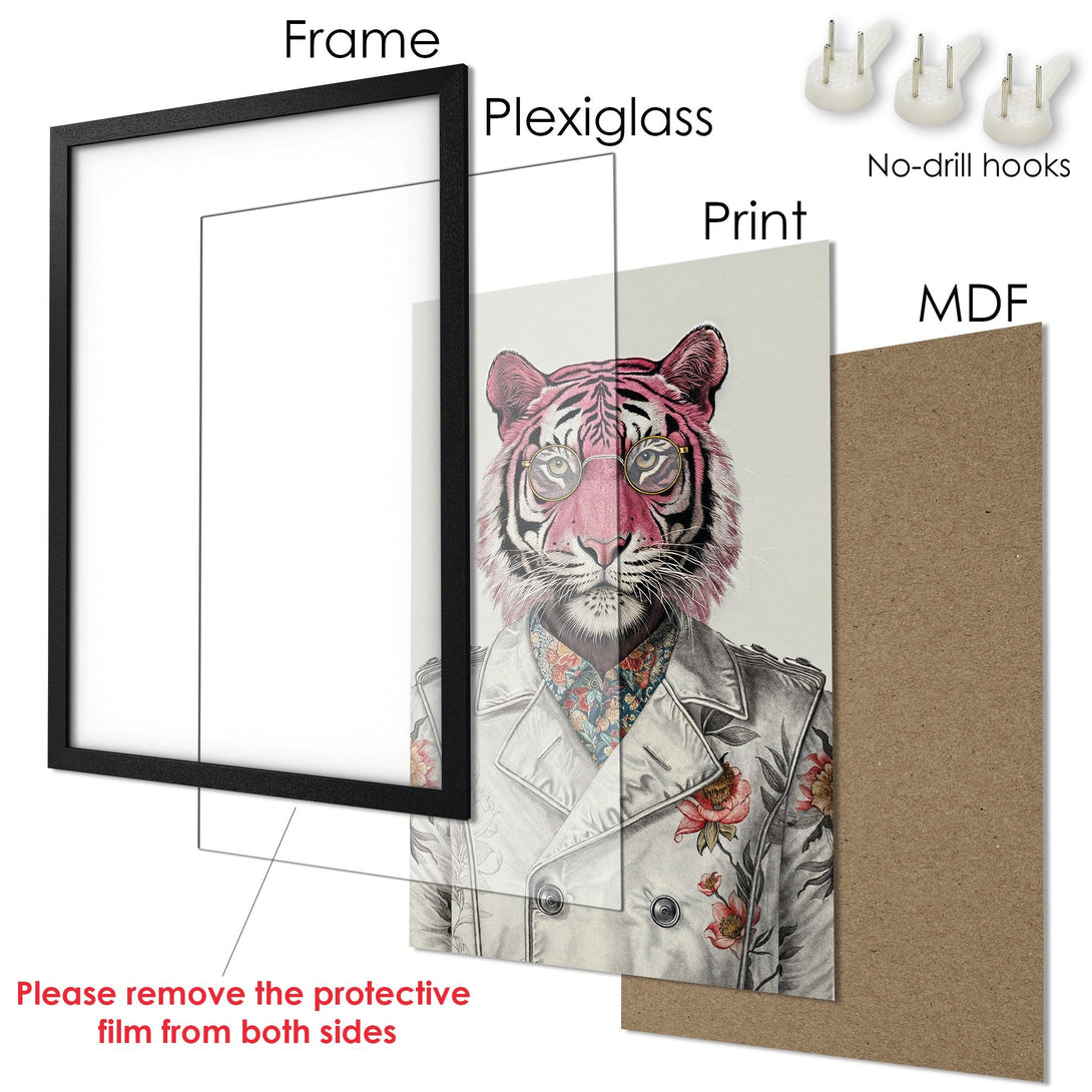 Framed Poster featuring a stylish tiger in a coat, soft pink and neutral color palette, perfect wall art.