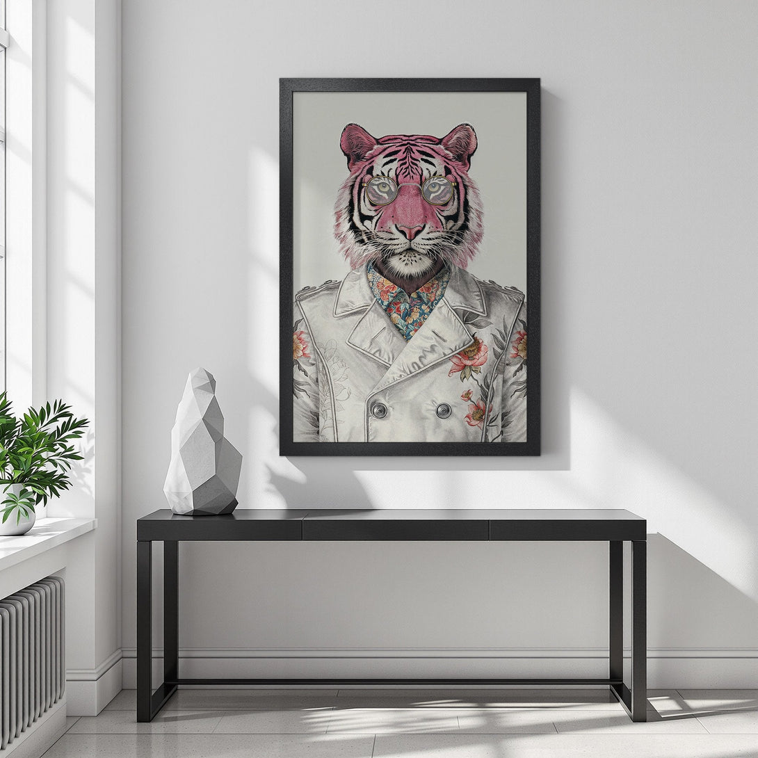 Framed Poster featuring a stylish tiger in a coat, artistic style, with pink, white, and floral accents. Perfect wall art!