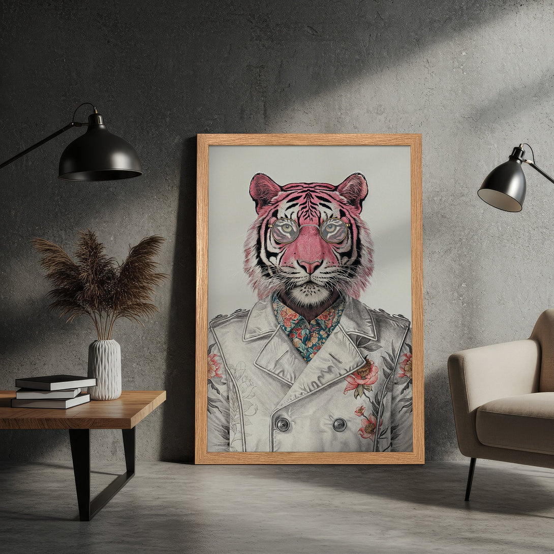 Framed Poster featuring a stylish tiger in a coat, pencil sketch style, with pink and neutral tones. Perfect wall art!