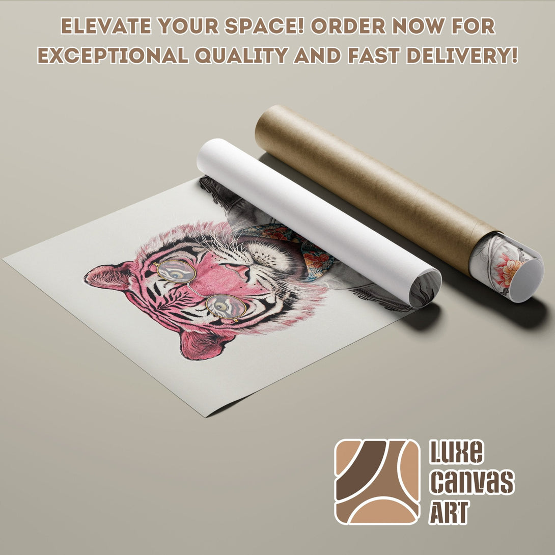 Tiger Poster Roll art print in pink & neutral tones. Elevate your space with Luxe Canvas Art!