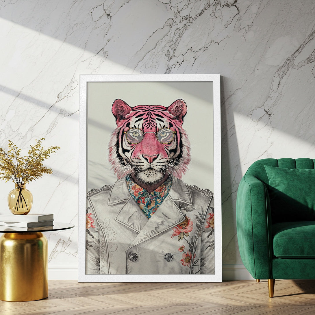 Framed Poster featuring a stylish tiger wearing glasses, in a light pink and grey color palette. Perfect wall art for a modern home.