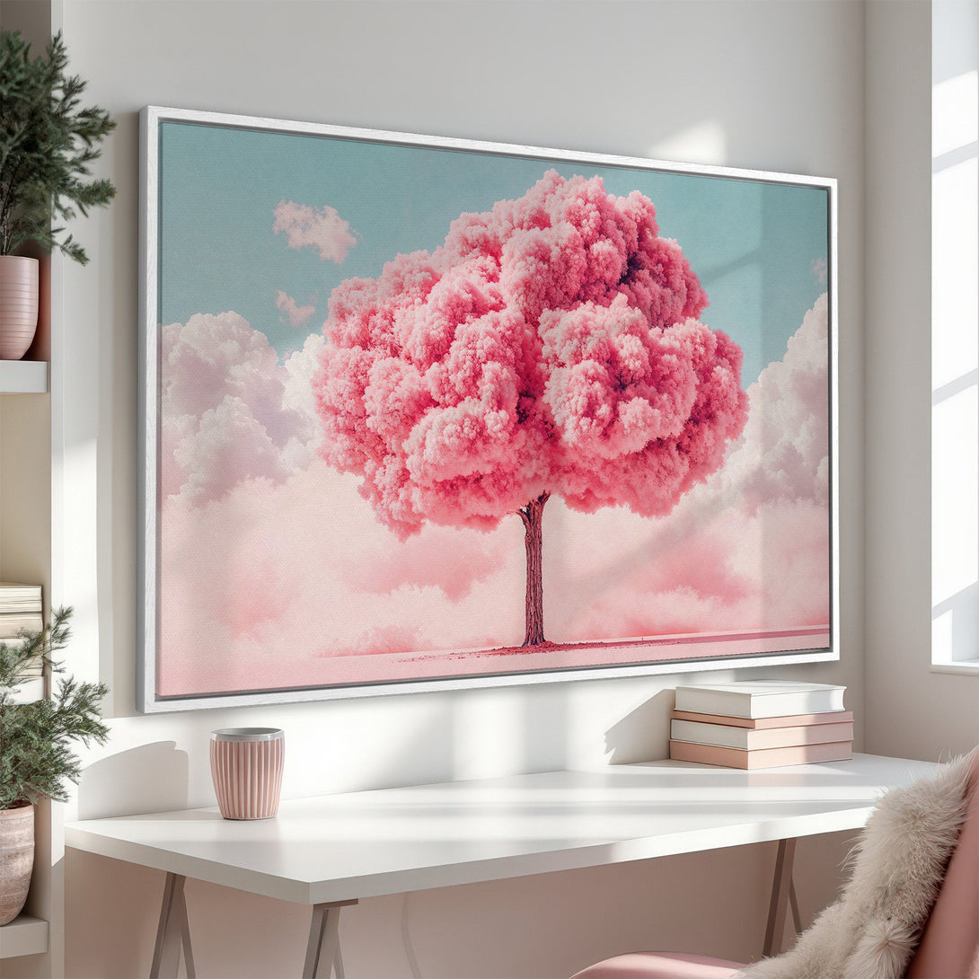 Framed Wall Art featuring a dreamy pink tree against a soft blue sky. Perfect for adding a touch of serenity to any space. Pastel color palette.