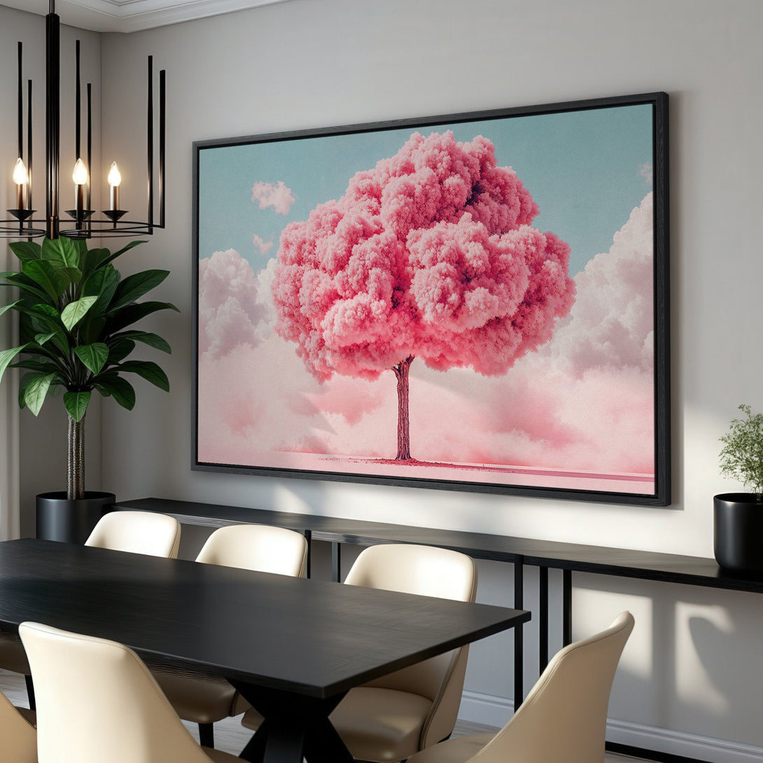Framed Wall Art: Pink tree art print in a modern dining room. Pastel color palette with pink, blue, and white. Add a touch of nature to your home!