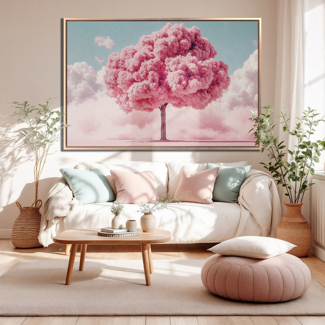Framed Wall Art: Pink tree canvas print in a serene living room. Soft pastel color palette with pink, blue, and beige tones. Modern, dreamy aesthetic.