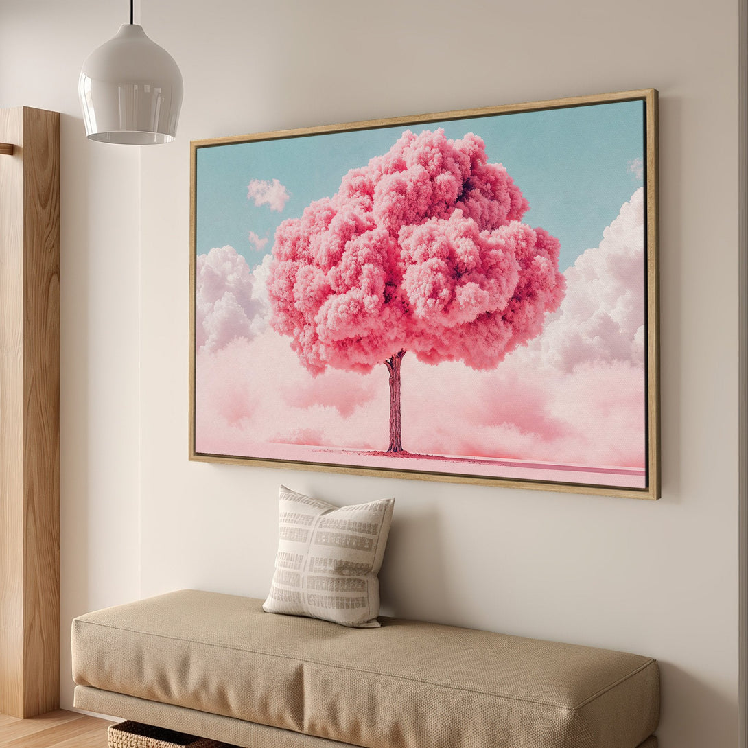 Framed Wall Art: Pink tree canvas print in a modern interior. Pastel color palette with pink, blue, and white. Perfect for adding a touch of nature.