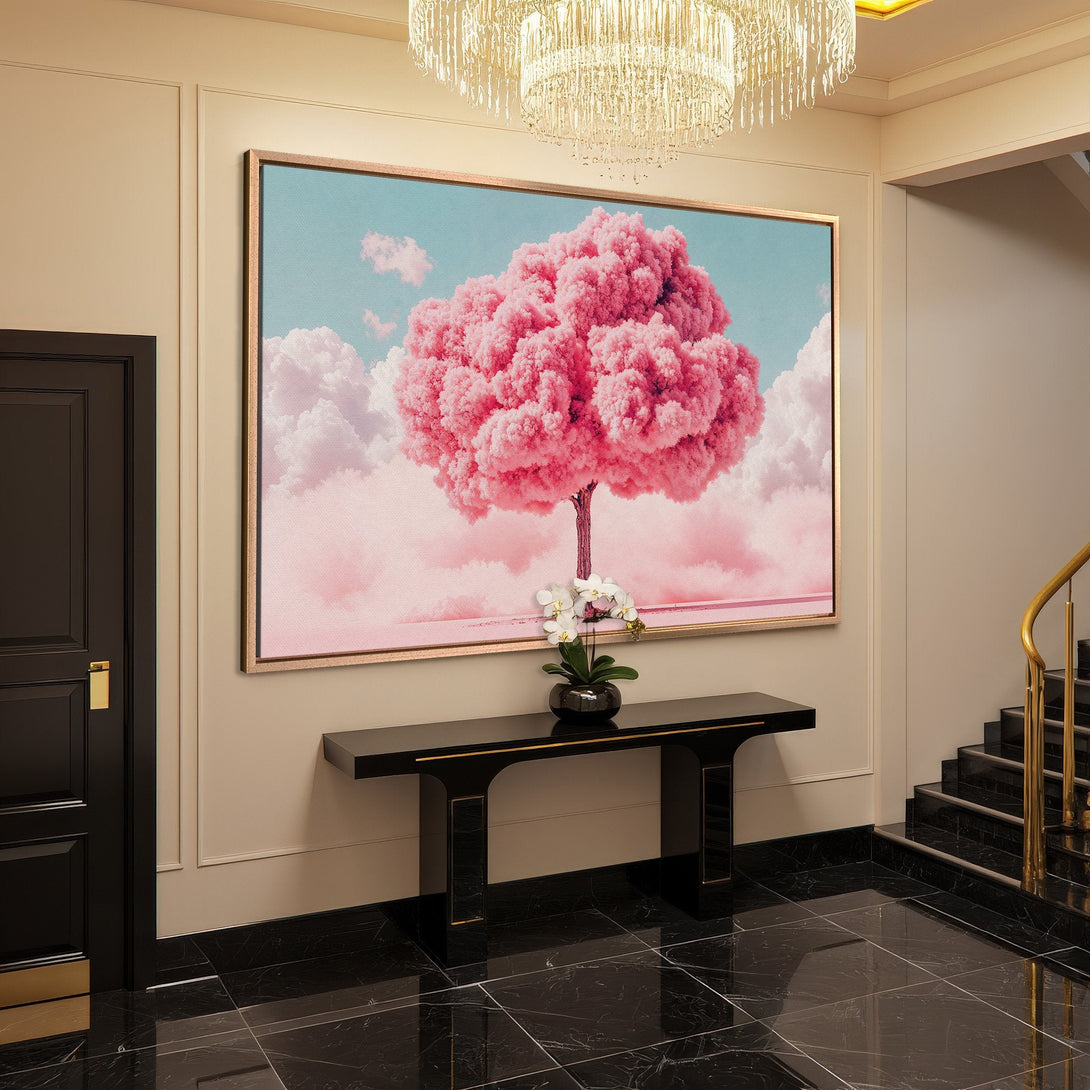 Framed Wall Art featuring a dreamy pink tree against a blue sky. Pastel color palette adds a touch of serenity to any interior.