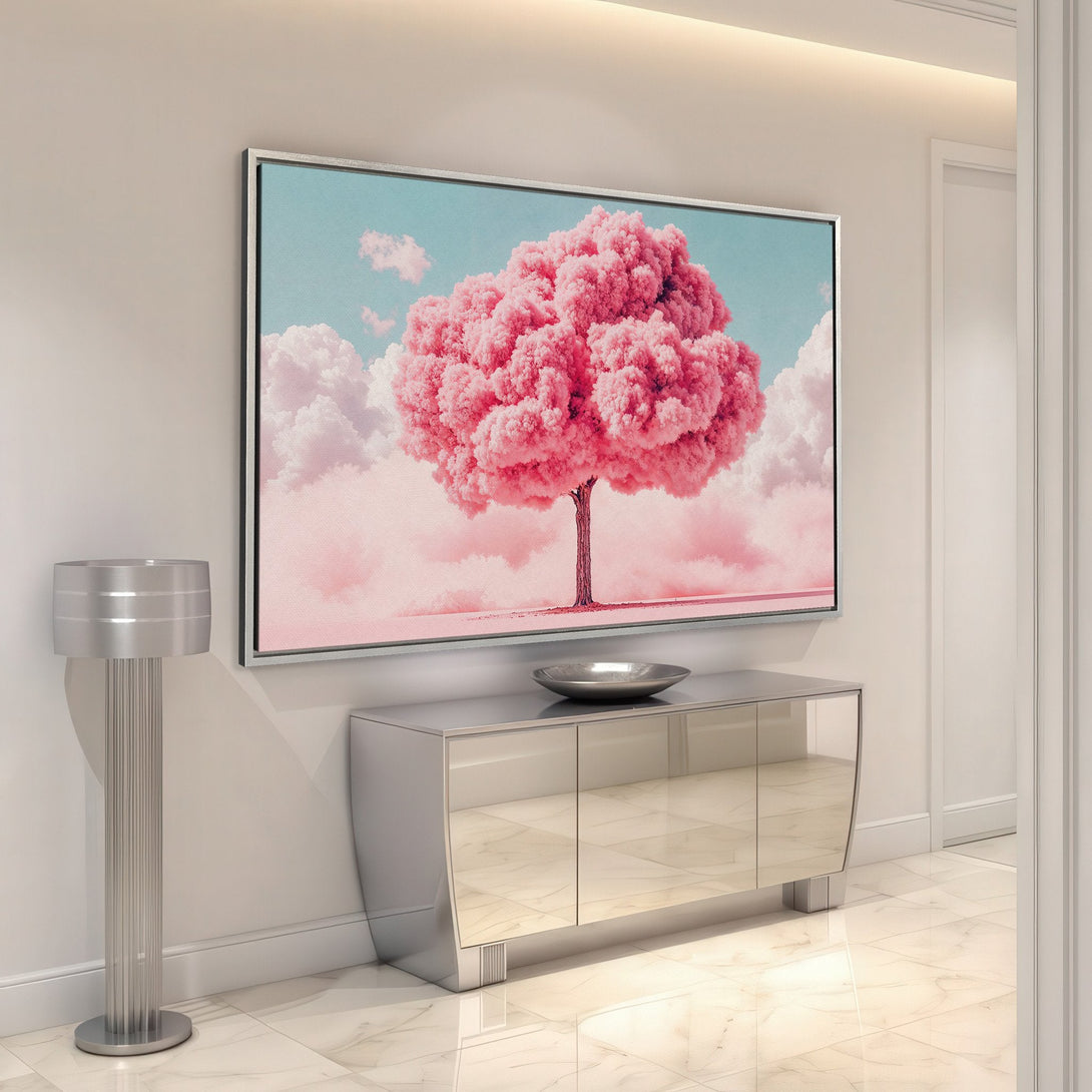 Framed Wall Art: Pink tree art print with pastel sky. Modern canvas print in a serene interior. Perfect for adding a touch of nature and color!