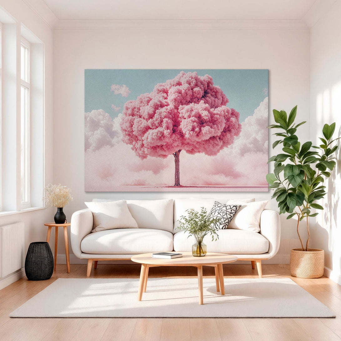 Framed Wall Art: Pink tree canvas print in a modern interior. Pastel pink, blue, and gold color palette. Perfect for living room decor.