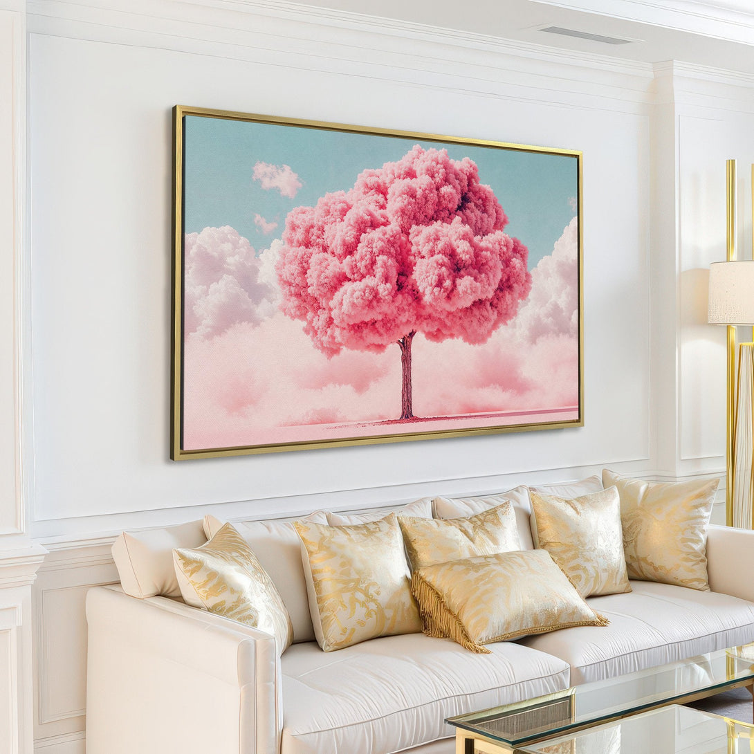 Canvas Print of a pink tree painting in a modern living room. Soft pastel color palette, perfect for adding a touch of serenity.