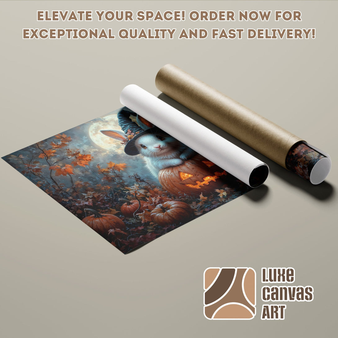 Halloween-themed Poster Roll featuring a bunny with pumpkins, in autumnal colors. Elevate your space!