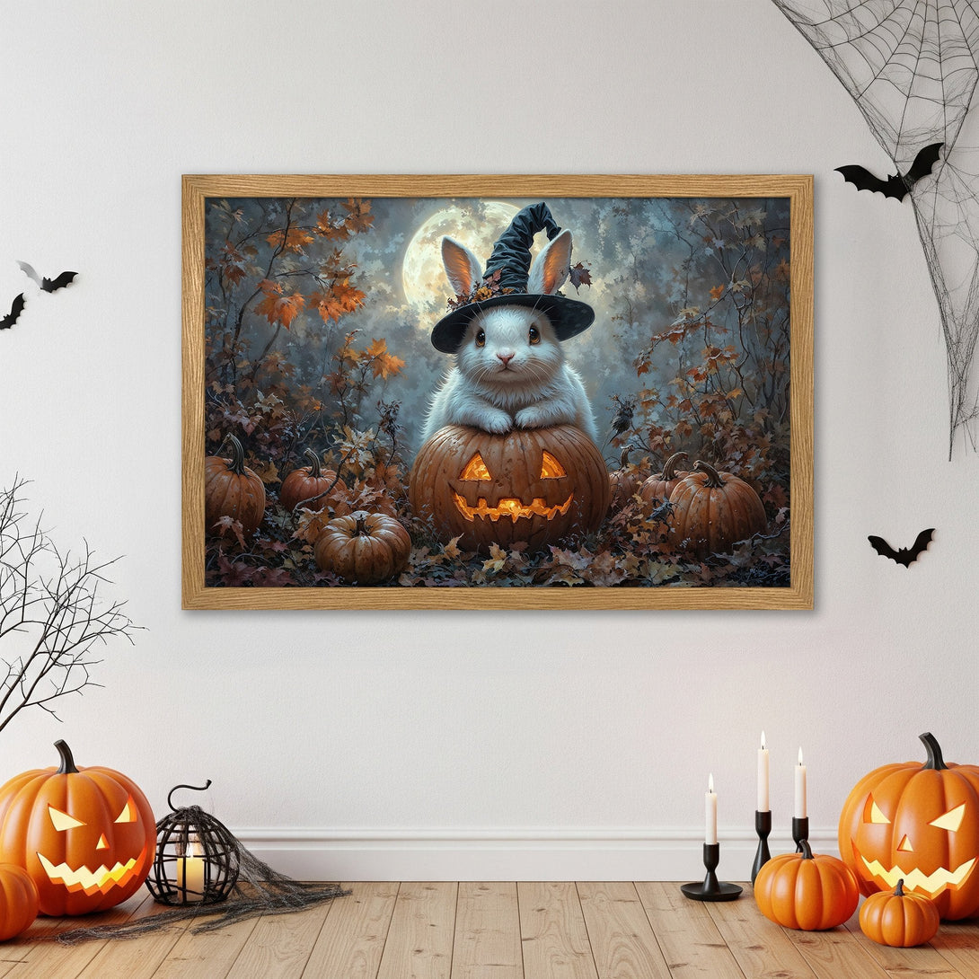 Framed Poster featuring a cute bunny in a witch hat on a pumpkin. Autumnal style with orange, brown, and blue hues. Perfect Halloween decor!