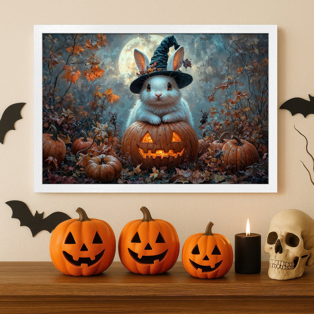 Framed Poster featuring a cute bunny in a witch hat on a pumpkin, with a spooky, autumn color palette. Perfect Halloween decor!