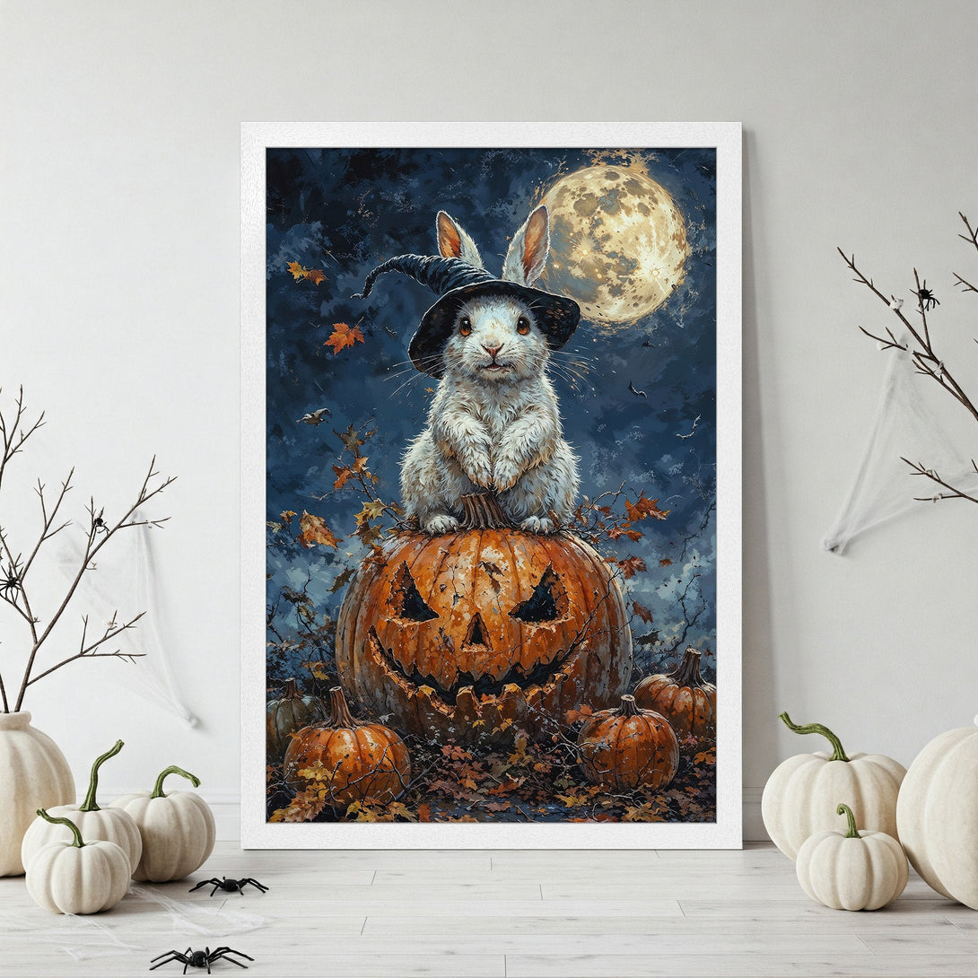 Framed Poster featuring a Halloween bunny wearing a witch hat, sitting on a pumpkin. Dark blue and orange color palette, whimsical style.