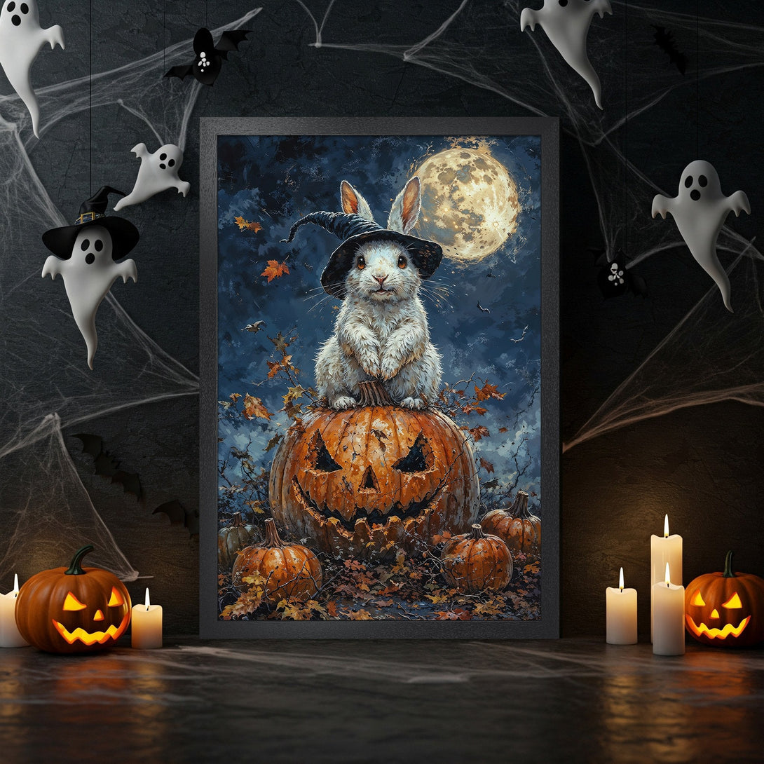 Framed Poster featuring a Halloween bunny on a pumpkin, dark blue and orange palette, whimsical art style. Perfect for spooky decor.