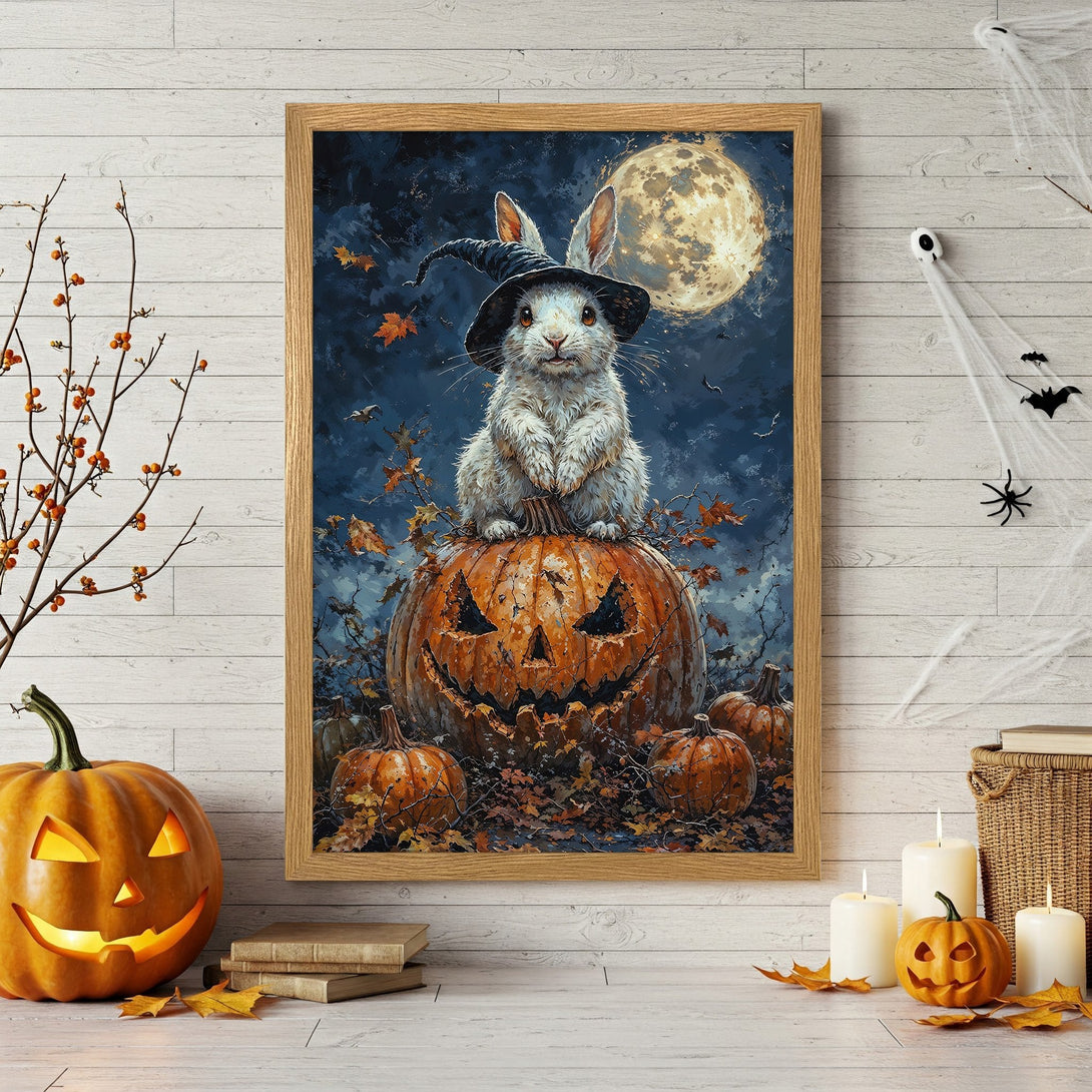Framed Poster featuring a Halloween bunny on a pumpkin, artistic style, with a dark blue and orange color palette.