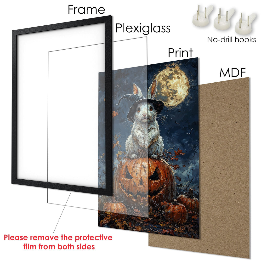 Framed Poster featuring a Halloween bunny on a pumpkin, dark blue and orange color palette, whimsical art style. Ready to hang!