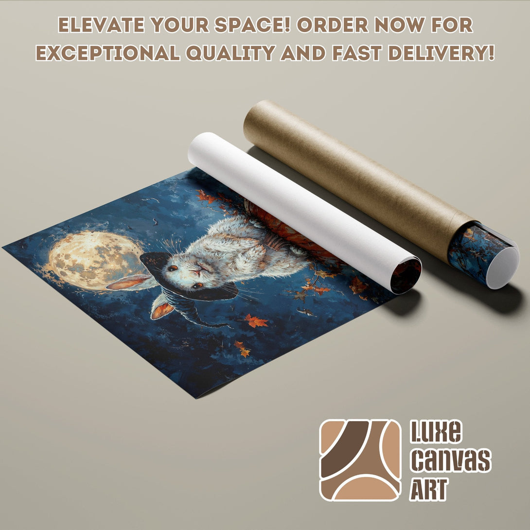 Poster Roll featuring a whimsical cat painting in a dark blue, orange, and cream color palette. Order now!