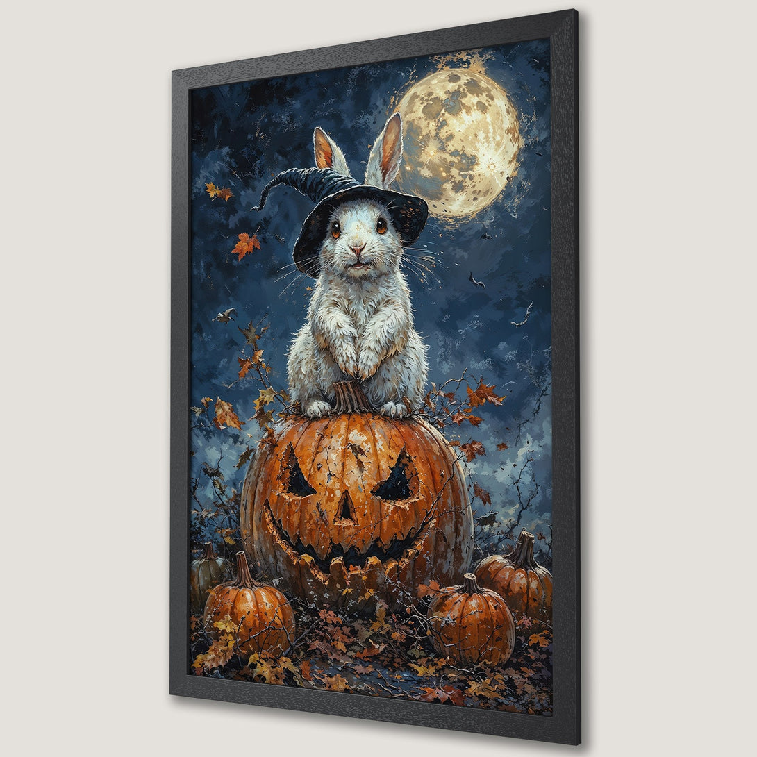 Framed Poster featuring a whimsical Halloween bunny on a pumpkin, with a dark blue and orange color palette and painterly style.