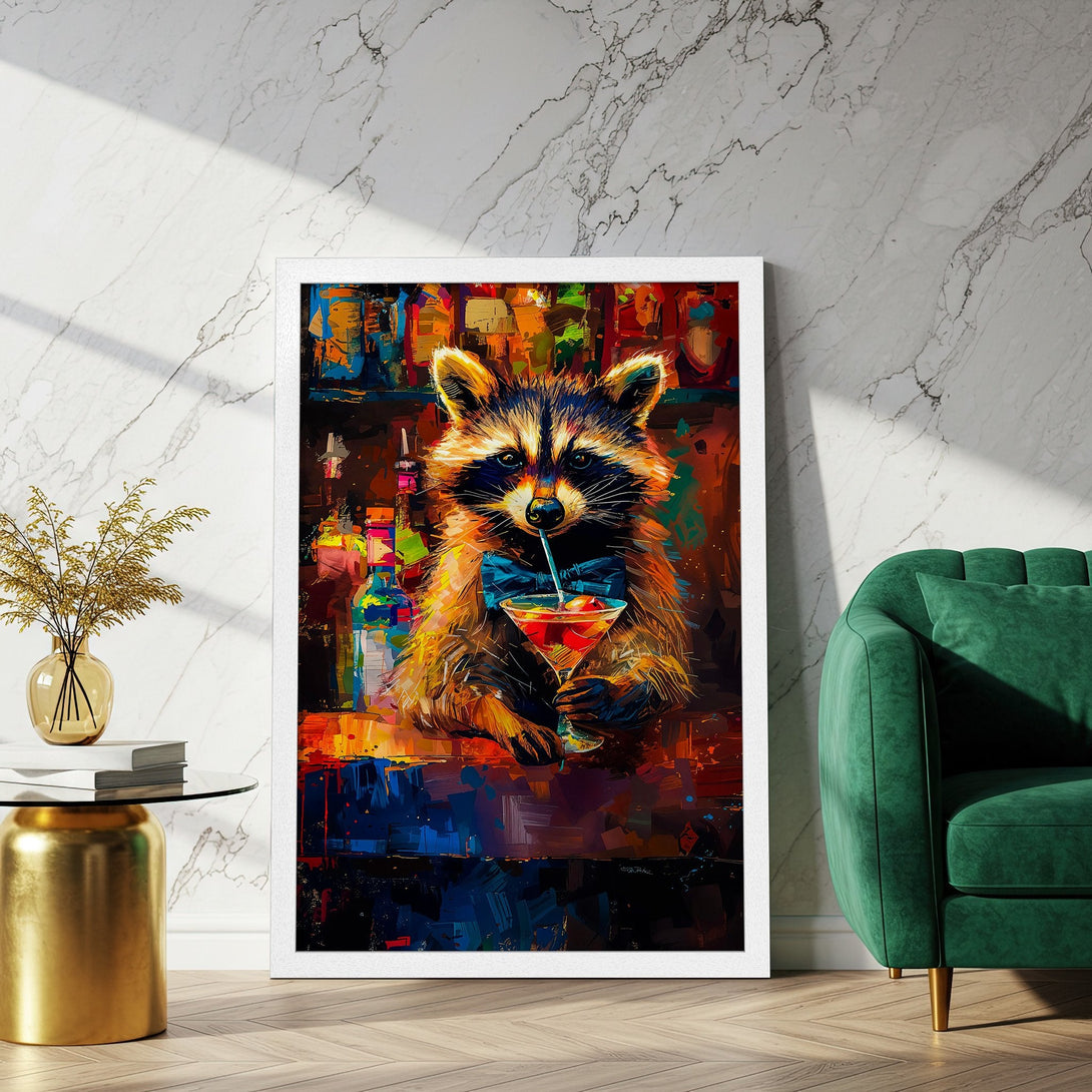 Framed Poster featuring a raccoon drinking a cocktail, vibrant abstract style with warm and cool color palette.