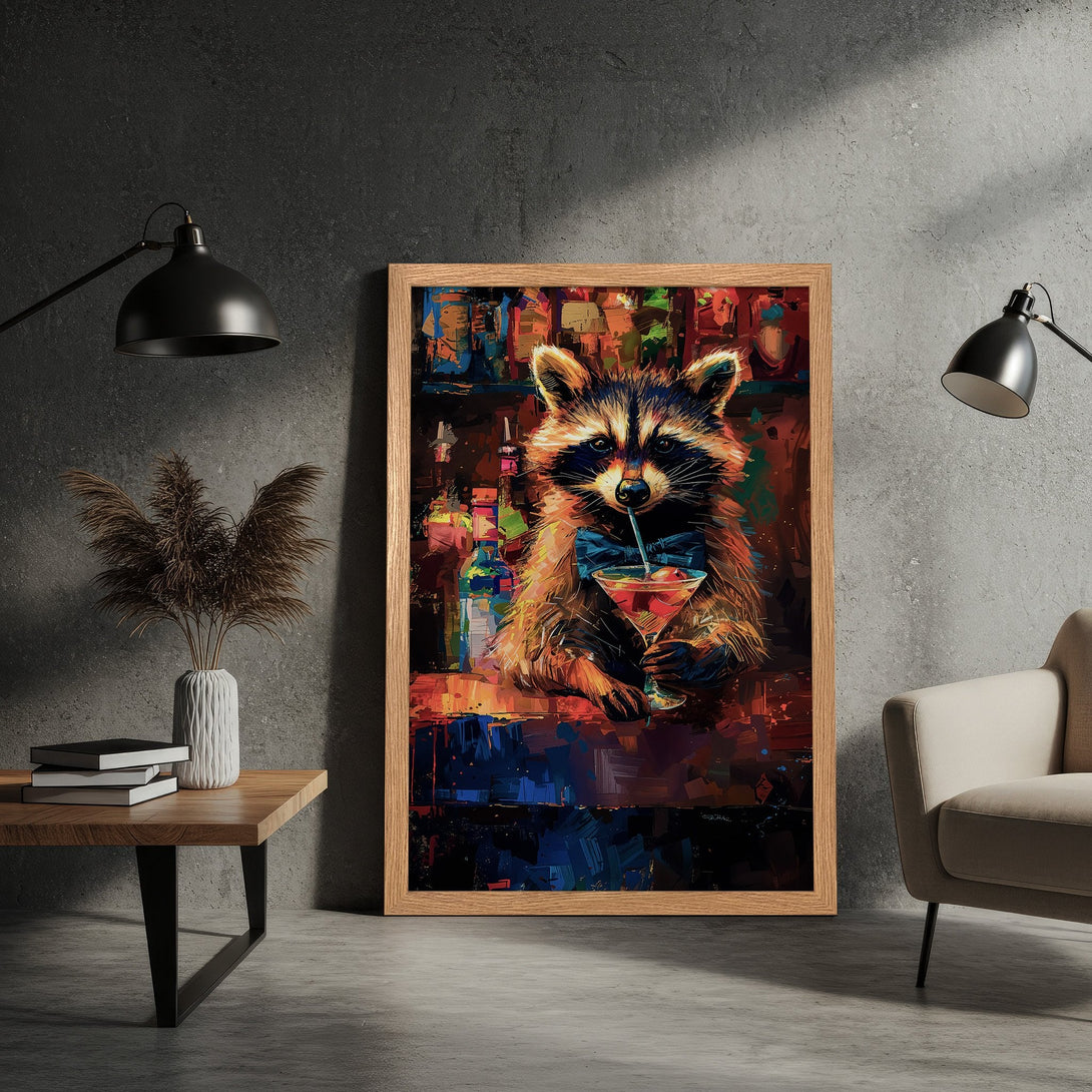 Framed Poster featuring a raccoon enjoying a cocktail, vibrant abstract style, warm color palette. Perfect wall art!