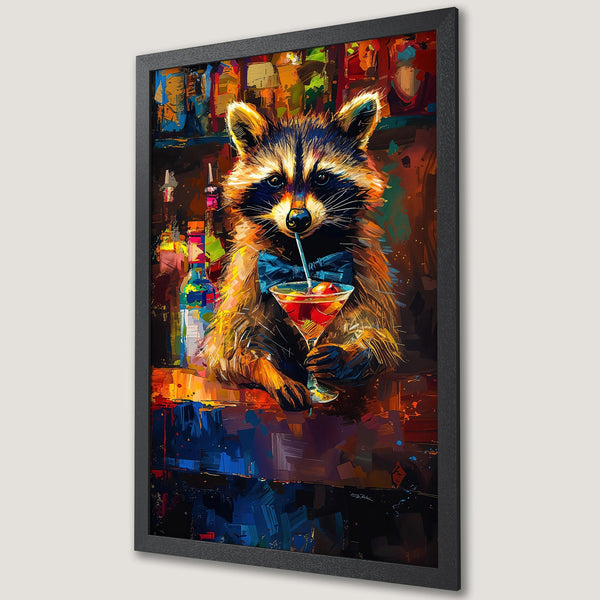 Framed Poster featuring a raccoon enjoying a cocktail. Artistic style with a vibrant, warm color palette of orange, blue, and brown. Perfect wall art!