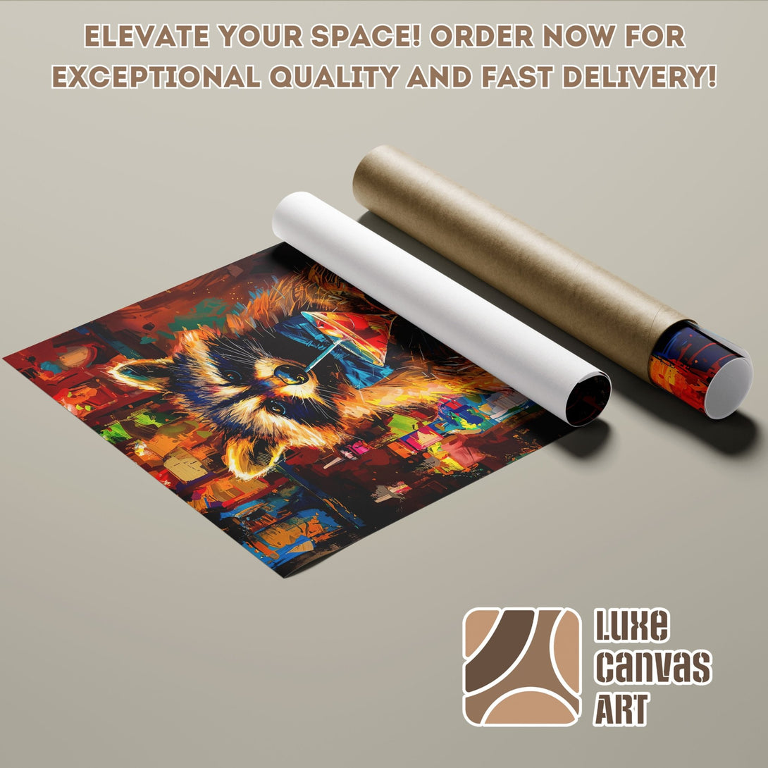 Raccoon art poster roll, vibrant abstract style with warm red, orange, and blue hues. Elevate your space with Luxe Canvas Art!