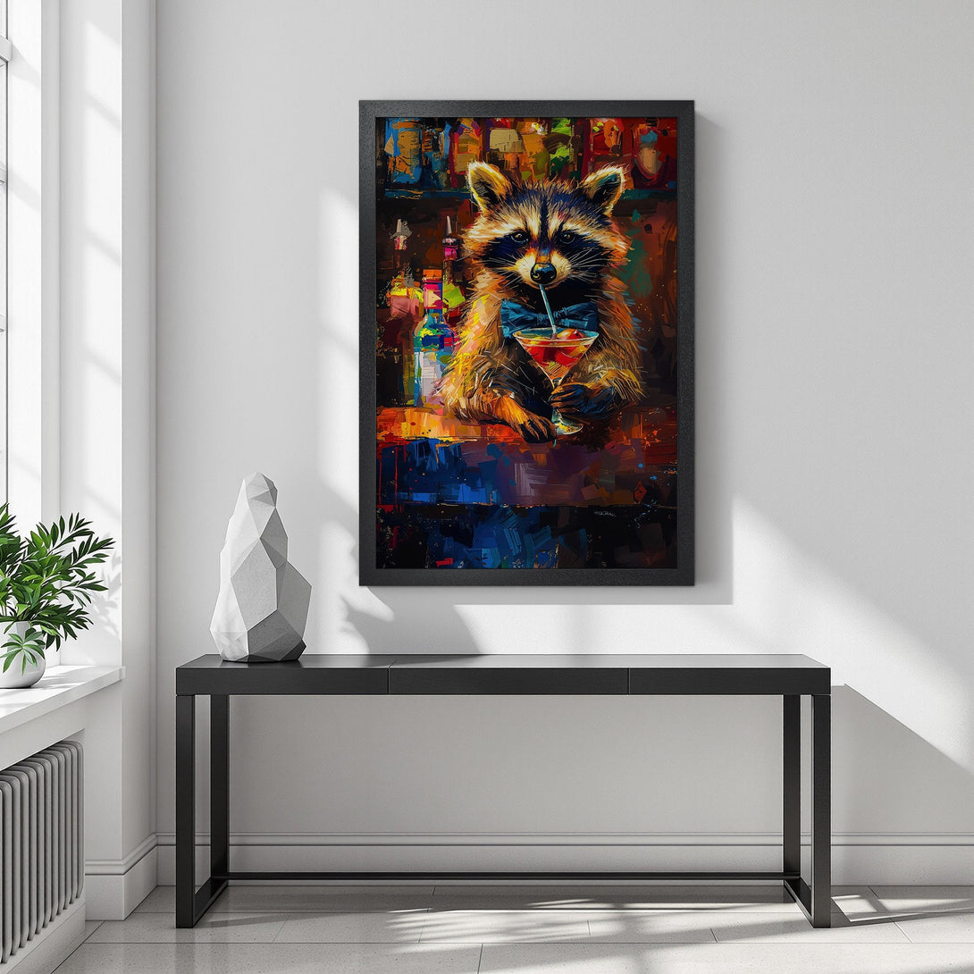 Framed Poster featuring a raccoon enjoying a cocktail, vibrant oil painting style with warm, rich color palette. Perfect wall art!