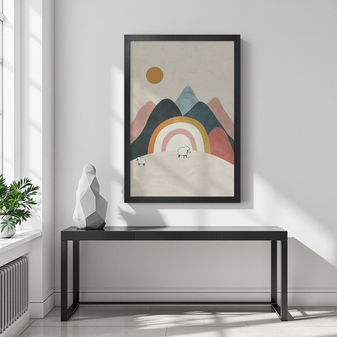 Framed Poster featuring a minimalist landscape with mountains, rainbow, and sheep. Earthy tones of pink, blue, and beige. Perfect wall art!