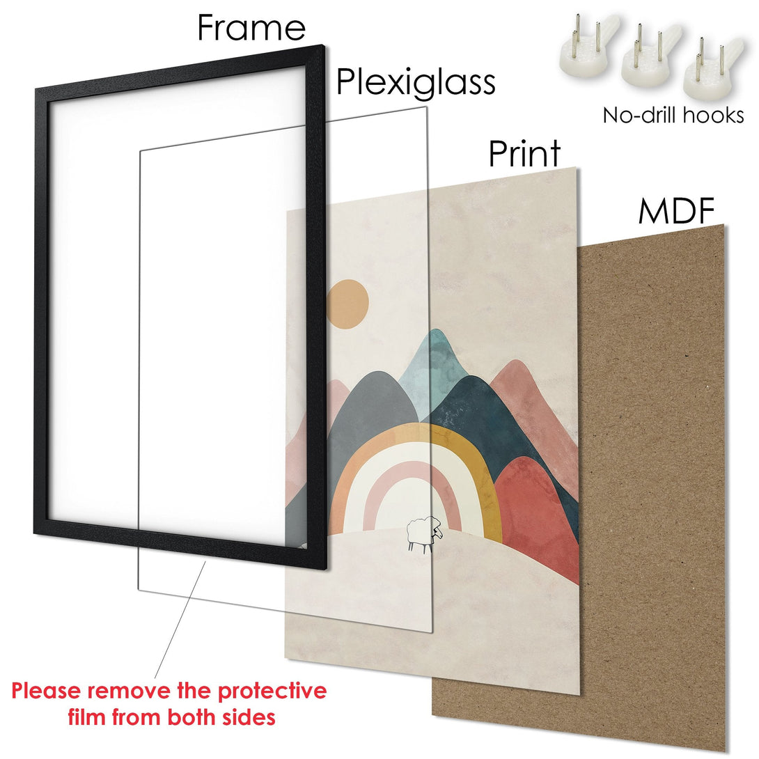 Framed Poster: Abstract mountain art print in a black frame. Earthy tones and a rainbow design for modern home decor.