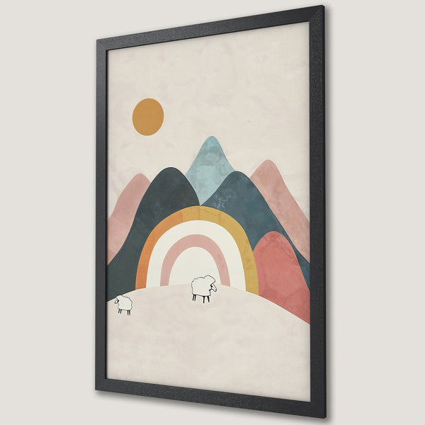 Framed Poster featuring a minimalist landscape with mountains, a rainbow, and sheep. Pastel color palette. Perfect wall art for any room.