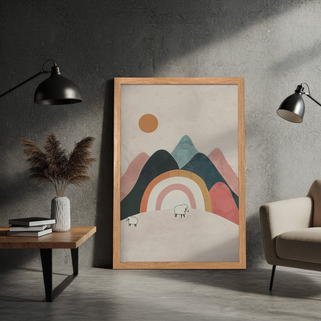 Framed Poster with abstract mountain landscape art in pastel colors. Modern style, perfect wall decor.
