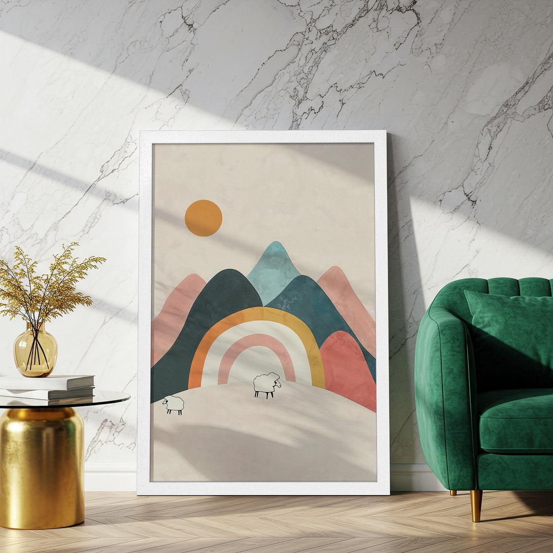 Framed Poster featuring a minimalist mountain and rainbow design in pastel colors. Perfect wall art for a cozy home!