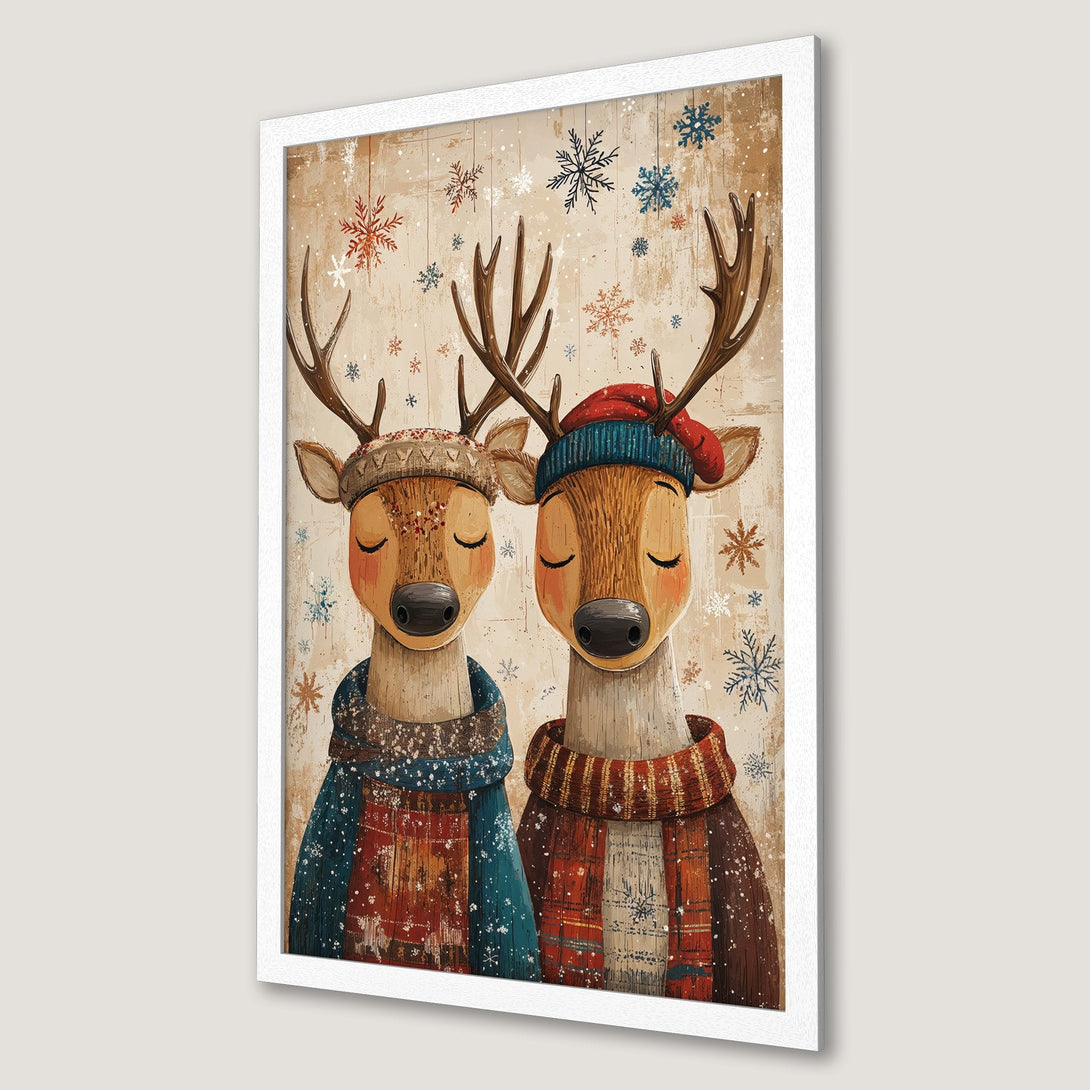Framed Poster featuring adorable deer in winter attire. Rustic style with warm brown, red, and blue color palette. Perfect for cozy holiday decor.