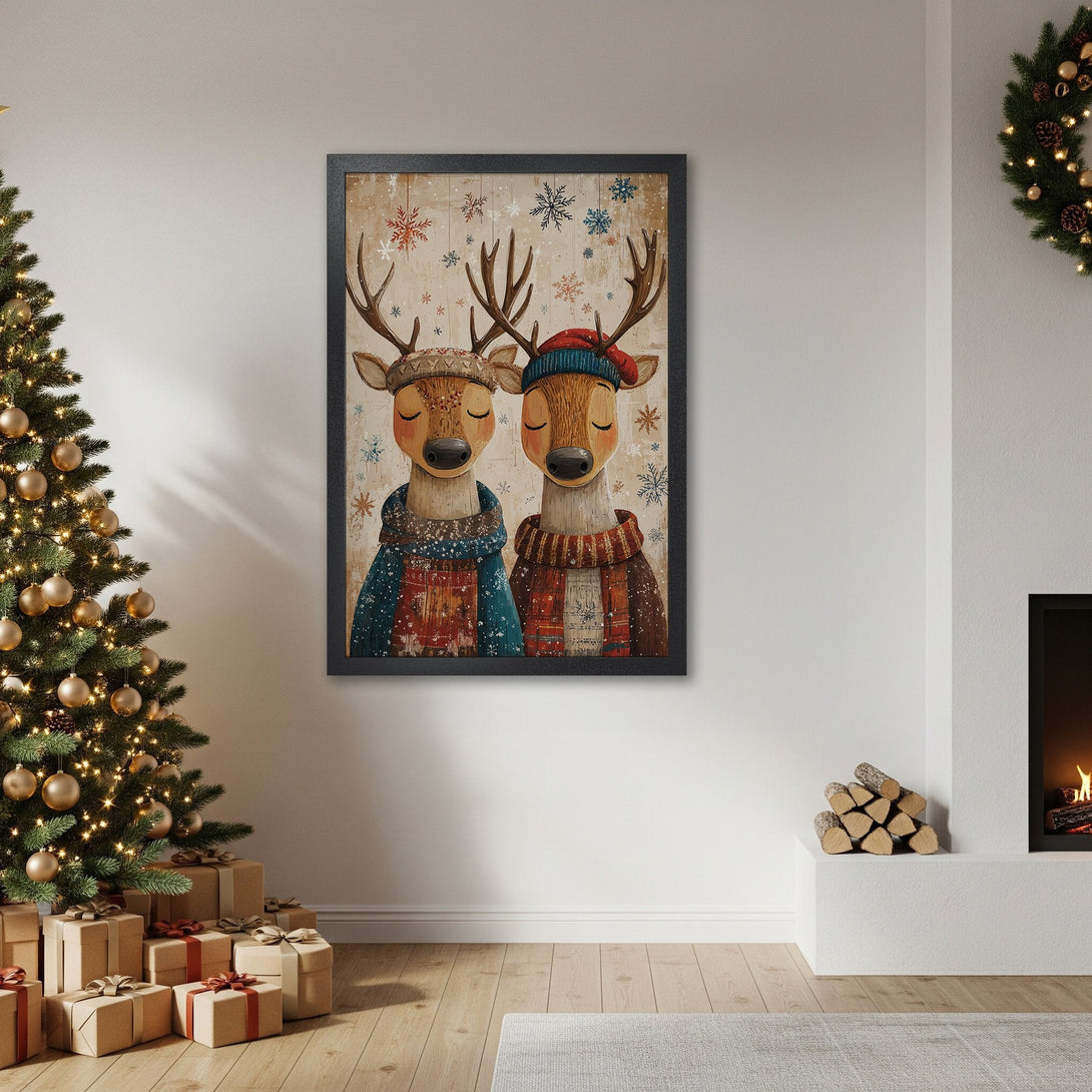 Framed Poster featuring whimsical reindeer in cozy sweaters, rustic style with warm, wintery color palette. Perfect Christmas decor!