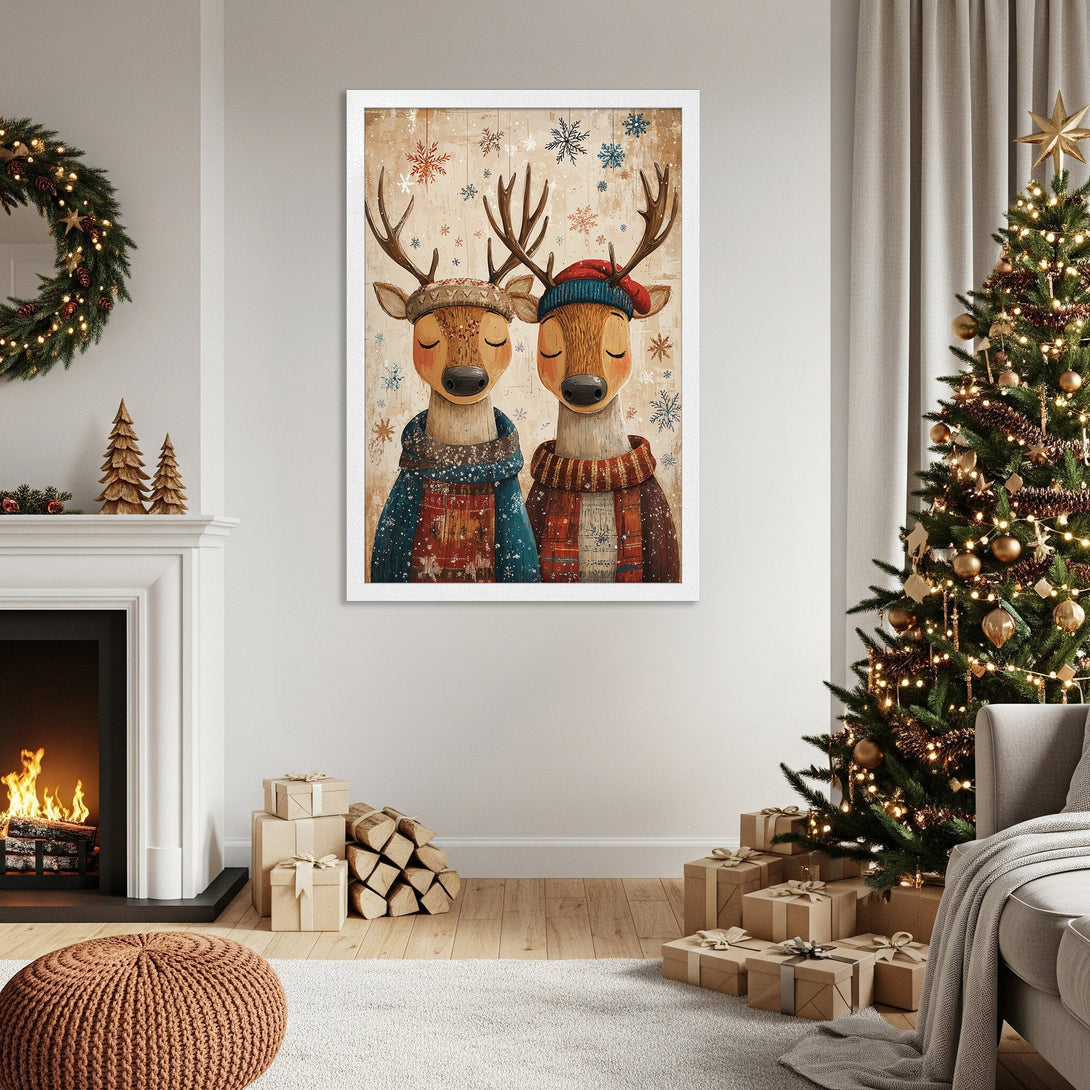 Framed Poster featuring whimsical deer in cozy winter attire. Warm, neutral tones with pops of red and blue. Perfect Christmas decor!