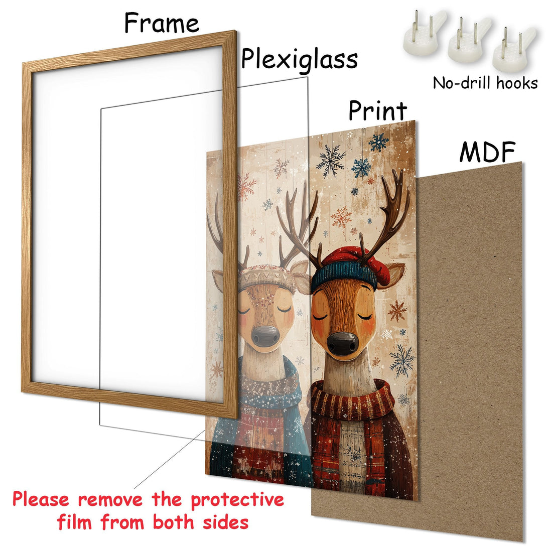 Framed Poster featuring adorable deer in winter attire. Rustic style with warm, earthy tones and pops of blue. Perfect for holiday decor!