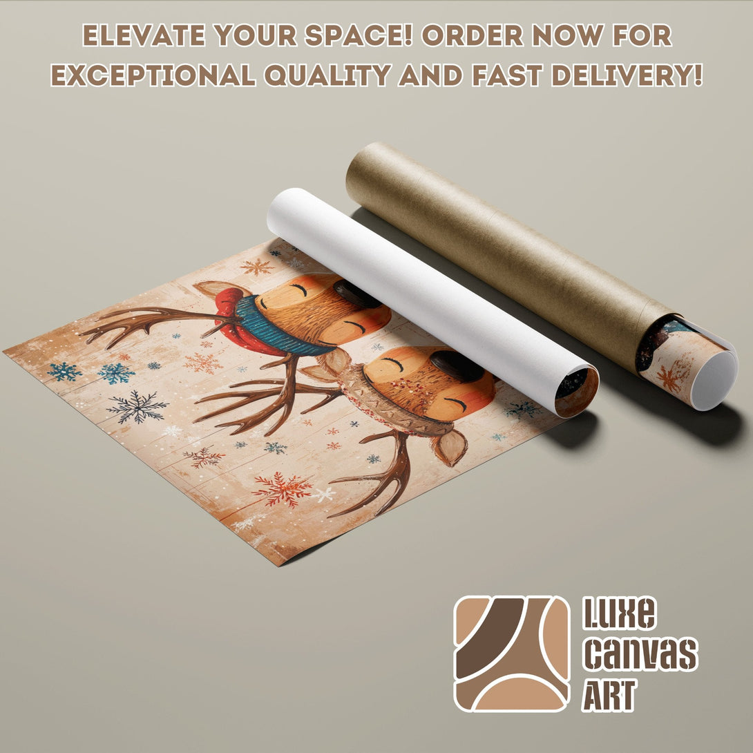 Festive reindeer poster roll, rustic style, warm brown and red tones. Order your art today!