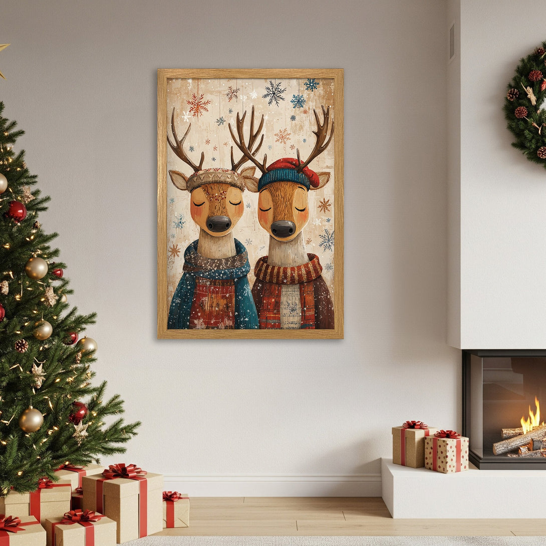 Framed Poster featuring cute deer in winter attire, whimsical style, warm & cozy color palette. Perfect Christmas decor!