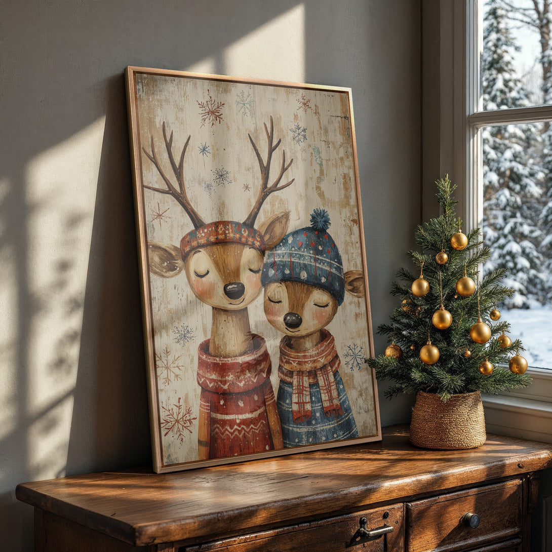 Framed Wall Art: Adorable deer couple illustration in a cozy, rustic style. Warm, inviting color palette with reds, blues, and browns. Perfect winter decor.