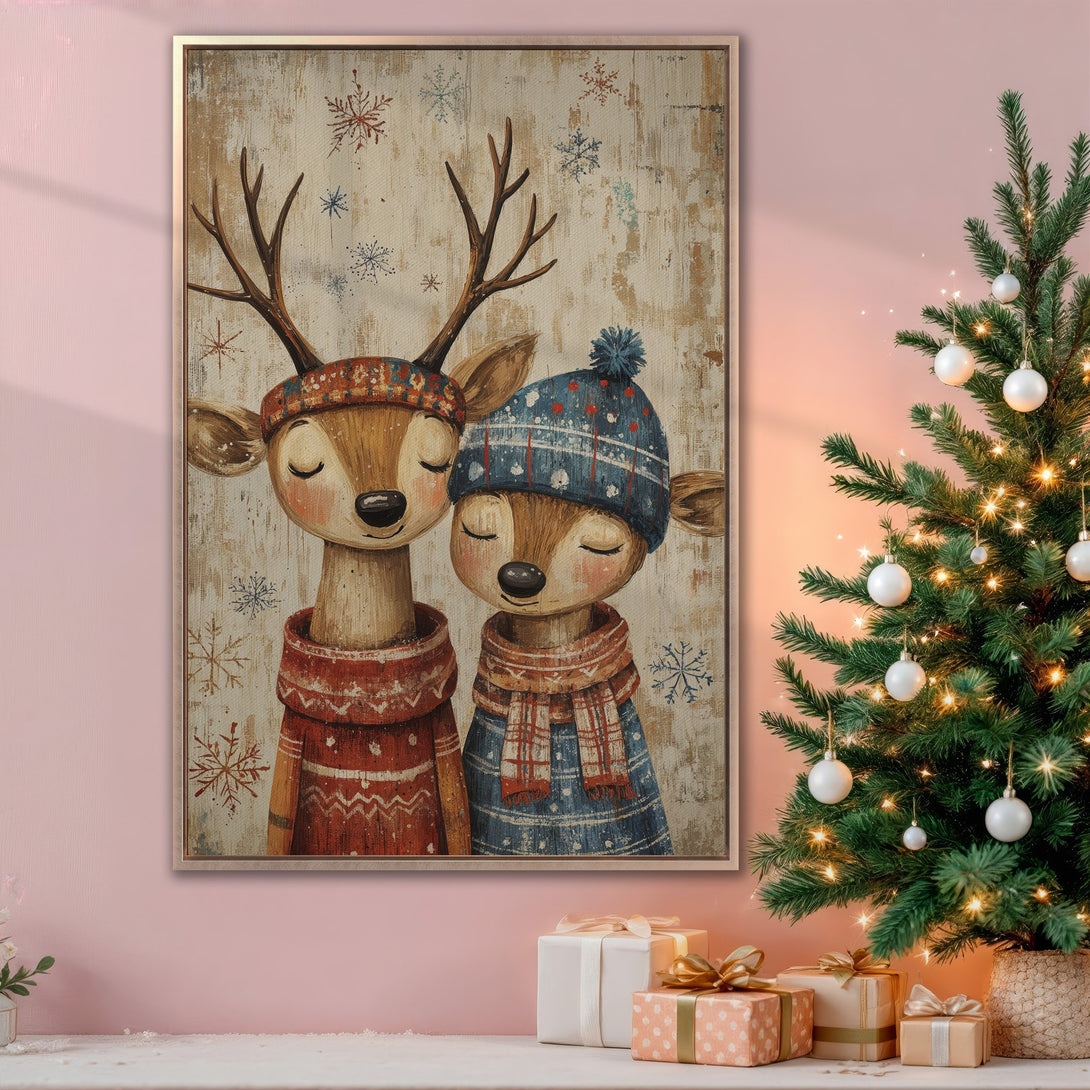 Framed Wall Art: Adorable deer couple in cozy winter attire. Rustic style with warm reds, blues, and browns. Perfect Christmas decor for your home!