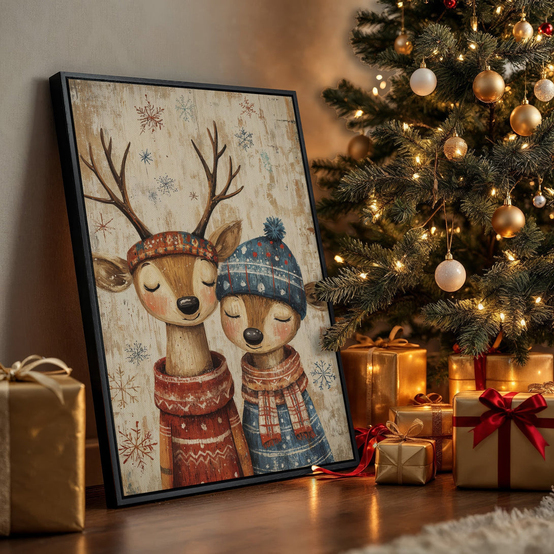 Framed Wall Art: Adorable deer couple in cozy winter attire, rustic style, warm red & blue palette, perfect for holiday decor.