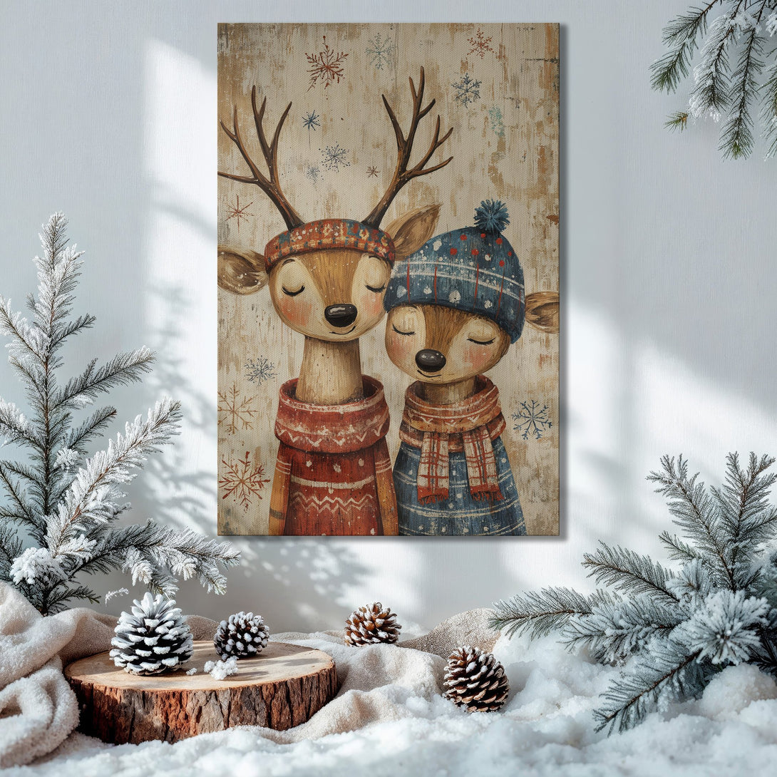 Framed Wall Art: Adorable deer in cozy sweaters. Rustic style with warm reds, blues, and browns. Perfect Christmas decor for your home!
