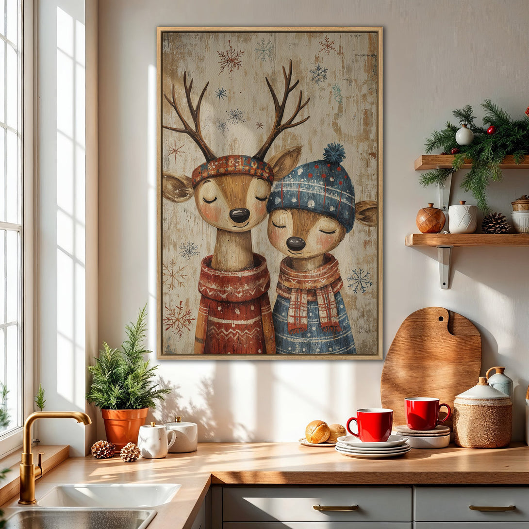 Framed Wall Art featuring adorable deer in winter attire. Rustic style with warm reds, blues, and neutrals. Perfect for cozy holiday decor.