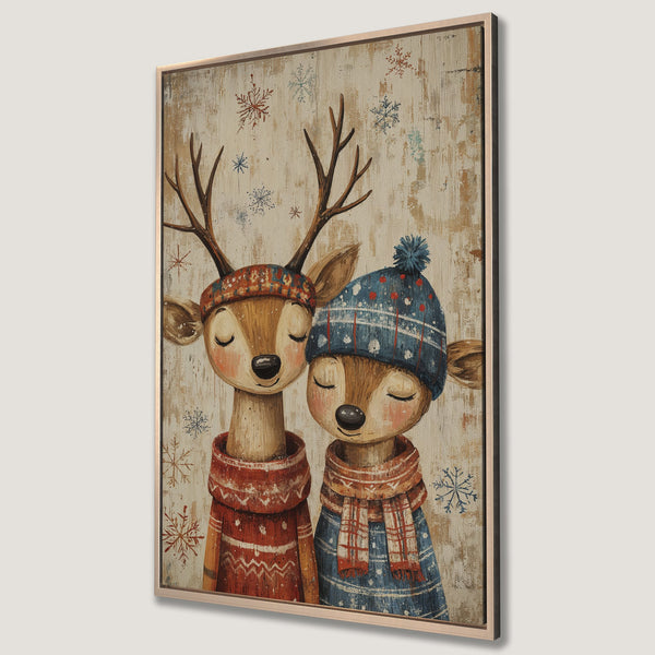 Framed Wall Art featuring adorable deer in winter attire. Charming illustration with a warm, rustic color palette, perfect for cozy home decor.