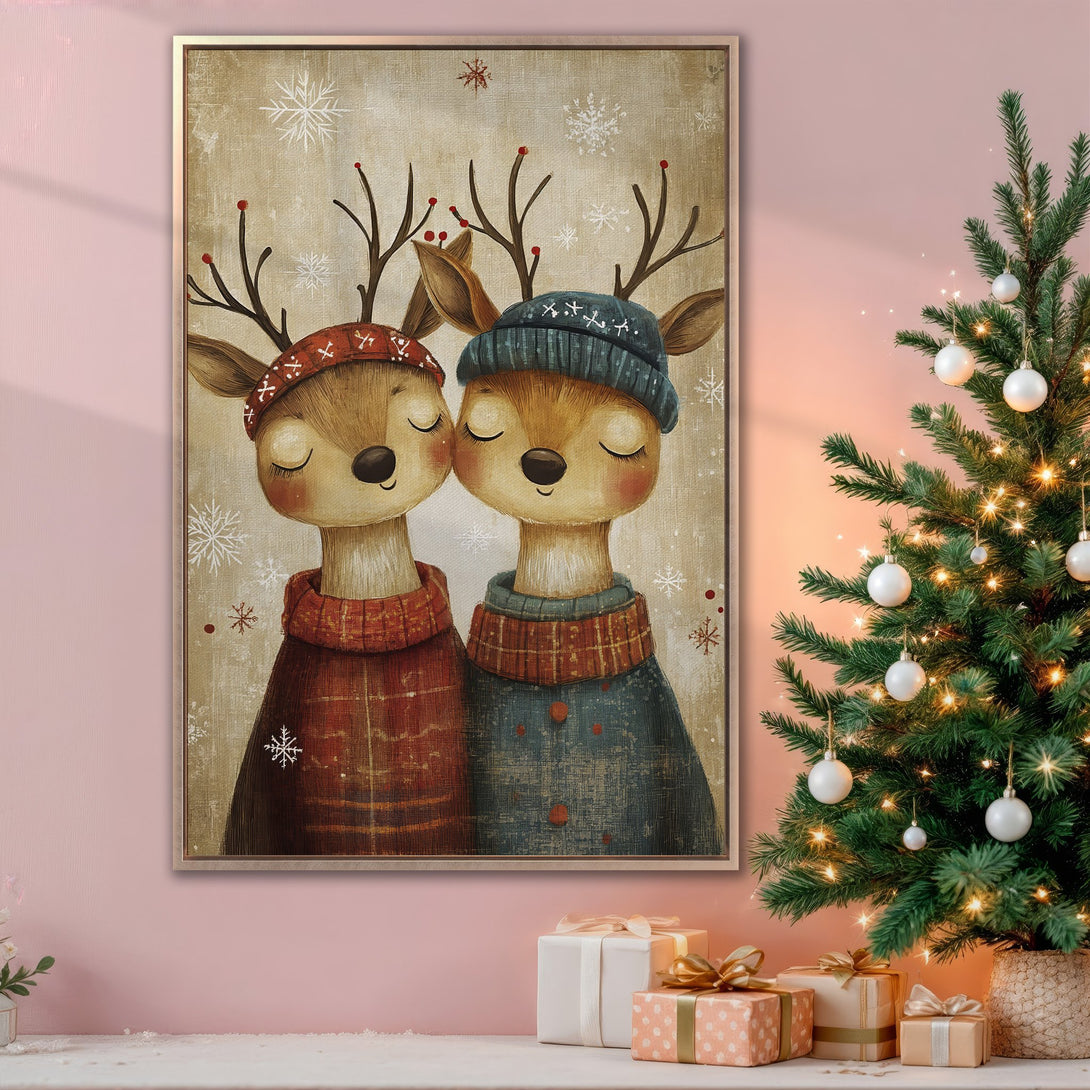 Framed Wall Art: Adorable Christmas deer illustration in warm, inviting colors. Perfect holiday decor for a cozy, festive atmosphere. Shop now!