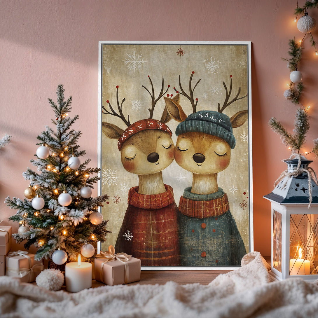 Framed Wall Art featuring adorable deer in cozy sweaters, perfect for Christmas decor. Warm, inviting color palette with rustic charm.
