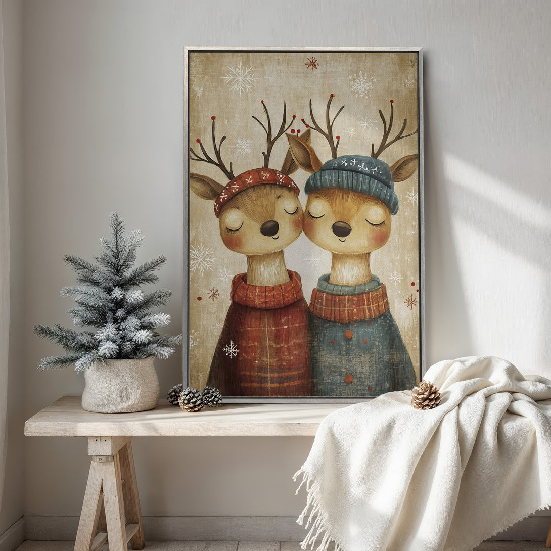 Framed Wall Art: Adorable winter deer illustration in warm, cozy colors. Perfect for holiday decor, this canvas print adds charm & style to any room.