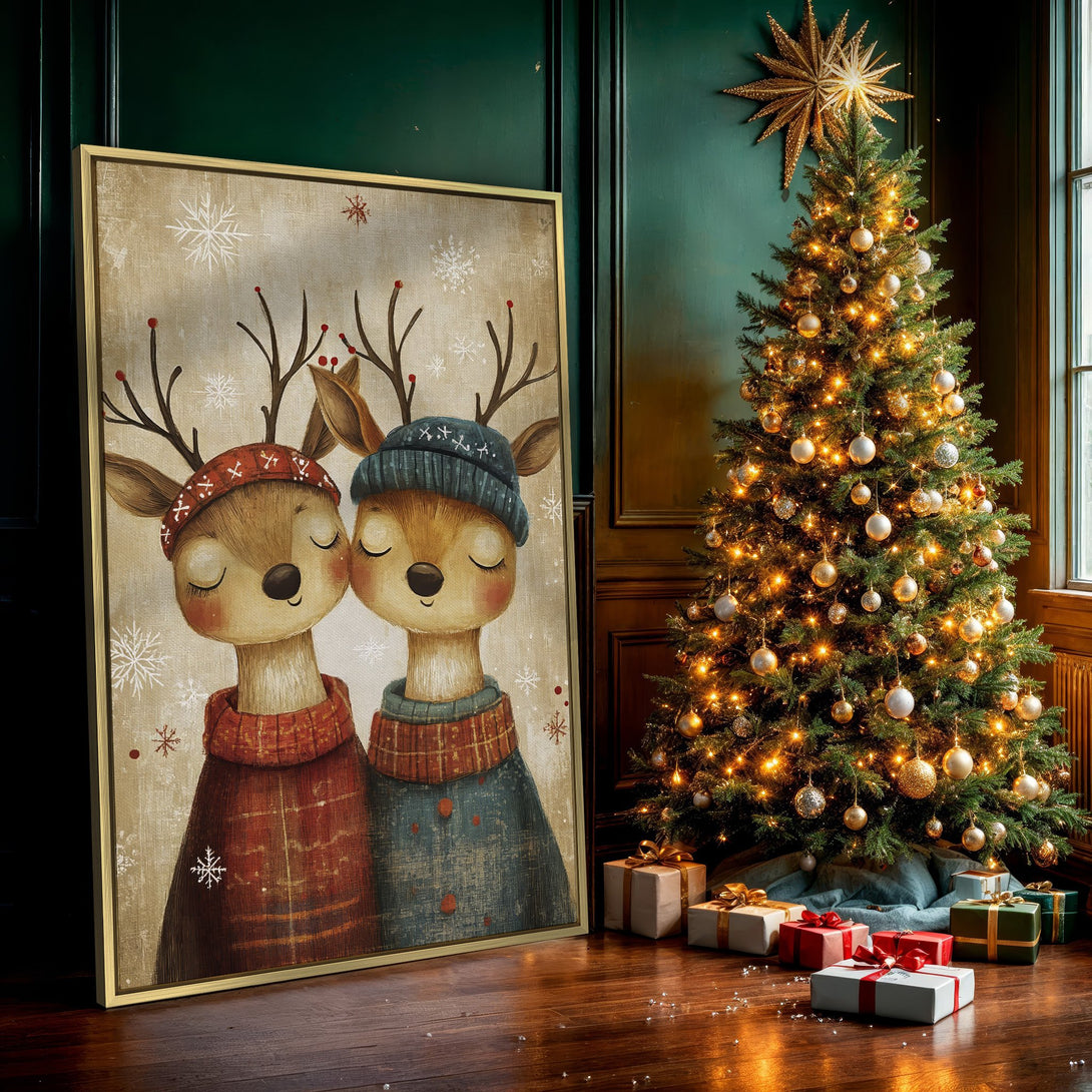 Canvas Print featuring adorable deer in winter hats, warm color palette, perfect for cozy holiday decor.